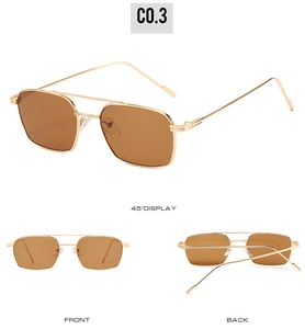 Vues multi-angles de lunettes de soleil aviateur carrées en métal doré avec verres marrons