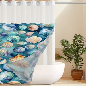 Detail of seashell shower curtain with waterproof fabric and watercolor ocean theme print