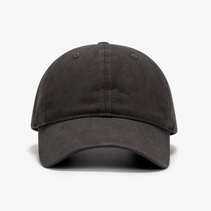 Unisex washed dark grey cotton baseball cap with a classic six-panel curved brim design