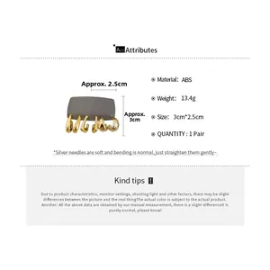 Detailed view of golden ABS C-shaped earrings with size metrics and material specs