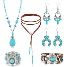 Detailed view of the 6-piece bohemian jewelry set with turquoise beads and tassels
