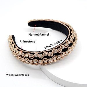 Detail shot of black velvet headband with rhinestones, 3.0cm width and 88g weight info