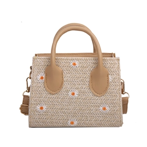 Sac fourre-tout en paille beige avec broderie marguerite et anses en similicuir brun