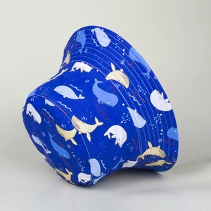 Detailed view of blue cotton bucket hat with whale prints and swimming time text