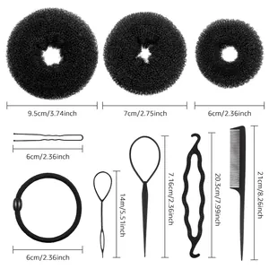Size specifications for black hair styling tool set including donut bun makers and pull pins