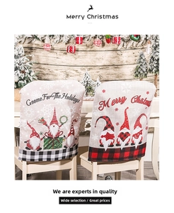 Detail of Christmas gnome chair covers in linen with Merry Christmas festive patterns