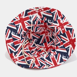 Detail of canvas bucket hat featuring vintage Union Jack print and adjustable cord
