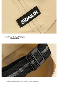 Close-up of adjustable buckle and brand logo on breathable quick-dry baseball cap