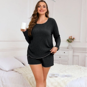 Women's plus size ribbed knit pajama set with long sleeve top and shorts in dark grey