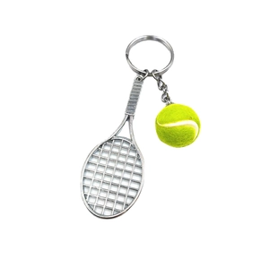 Miniature tennis racket and ball keychain set made of silver metal and neon yellow felt