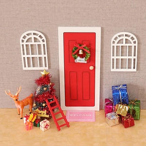 Miniature Christmas decor set with red door, windows, deer and tree for DIY micro landscape