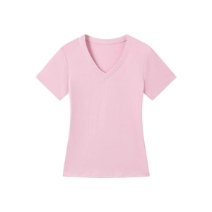Detail of light pink slim fit V-neck short sleeve T-shirt with soft knitted cotton texture