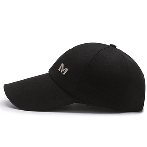 Classic black baseball cap with extended brim and silver metal M logo detail