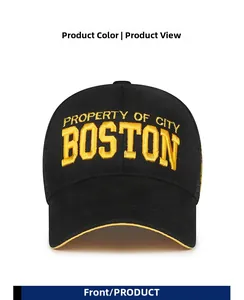 Vista frontale del berretto a rete con ricamo Boston 3D giallo e bordo a contrasto