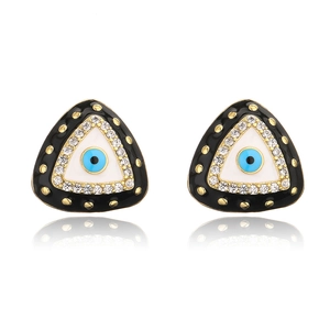 Macro shot of 18K gold plated evil eye triangle studs with black enamel and blue zircon