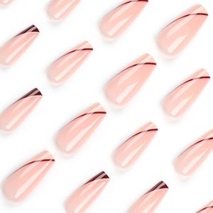 Pink ballerina press-on nails with burgundy diagonal stripes and color-block tips