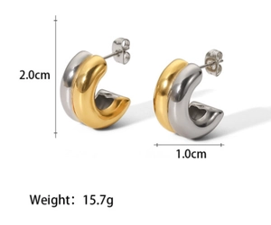 Detail showing dimensions and two-tone gold and silver finish on chunky hoop earrings