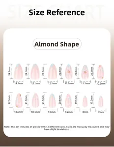 Guide des tailles pour faux ongles amande comprenant 24 pièces et 12 mesures précises