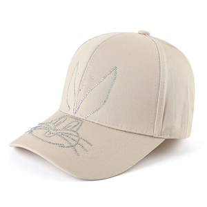 Beige baseball cap with rhinestone bunny design on high-quality twill fabric
