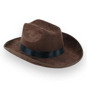 Classic brown faux suede cowboy hat with black satin ribbon and wide brim