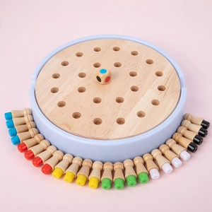 Wooden memory chess game with blue circular base and 24 colorful pieces on pink background