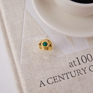 French vintage style multi-layer gold plated ring with green malachite stone inlay
