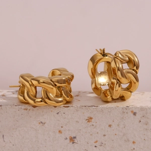 Polished 18K gold plated stainless steel chunky Cuban chain hoop earrings for women