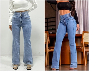 Détail du jean à taille haute et jambe large avec taille élastique et trois boutons