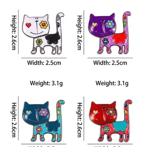 Cute cartoon cat brooch set with floral oil drip pattern in four vibrant colors