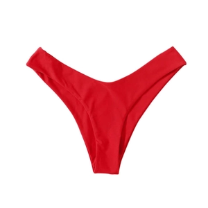 Flat lay of red high-cut V-shaped bikini bottoms with seamless elastic fabric