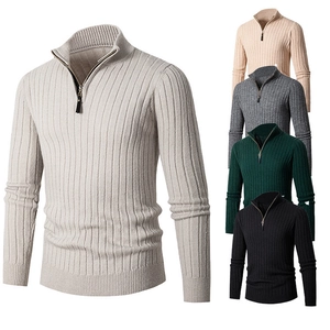 Maglione a Coste a Righe Verticali con Mezza Zip e Collo Alto da Uomo Top Casual a Manica Lunga