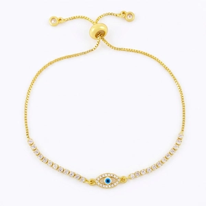 Adjustable gold evil eye bracelet for women with white cubic zirconia and blue pupil inlay