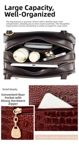 Detail of burgundy crocodile texture leather bag with spacious dual inner compartments
