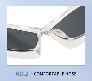 Macro detail of comfortable nose pads on futuristic Y2K transparent sunglasses