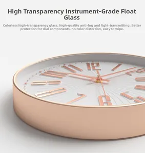 Macro detail of high-transparency clock glass with rose gold frame and relief dial