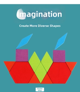 Colorful wooden geometric puzzle pieces arranged in a creative cruise ship design