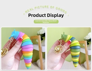 Flexible rainbow and gradient slug fidget keychain with durable gold-tone metal ring