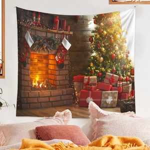 Detail of Christmas tree tapestry with fireplace and gift boxes in bedroom setting