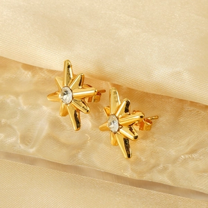 Elegant 18K gold-plated starburst stud earrings with clear zircon on silk and glass background
