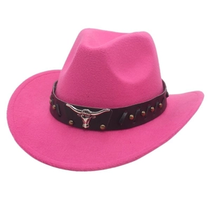 Kids western rose red felt cowboy hat with silver bull head and studded leather band