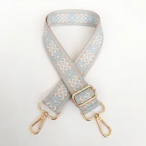 Detail of 3.8cm beige and light blue geometric jacquard canvas strap with gold hooks
