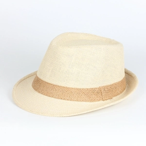 Detail showing natural straw weave texture and brown woven band on beige fedora hat