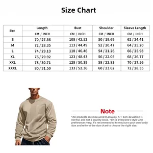 Size chart showing chest and length measurements for the men corduroy patchwork sweatshirt