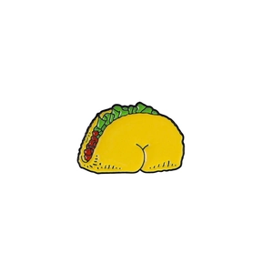 Funny cartoon taco enamel pin badge with colorful fillings on clean white background