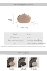 Detailed specs of the vintage evening clutch with size 20x13x5cm and gold chain strap