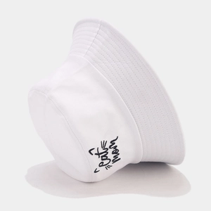 Close-up of white bucket hat featuring Cute Mom embroidery and cat ear graphic
