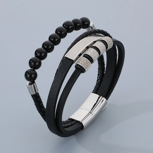 Men's multilayer woven leather bracelet with volcanic stone beads and silver magnetic clasp