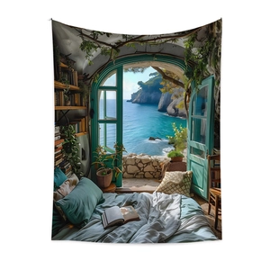 Detail of Mediterranean sea view bedroom tapestry with arch window and greenery
