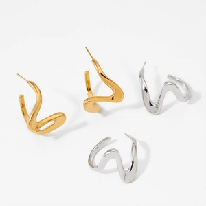 Irregular wavy spiral hoop earrings in polished gold and silver stainless steel