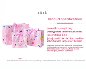 Three sizes of starry sky gift bags with pink ribbon handles and dimension details